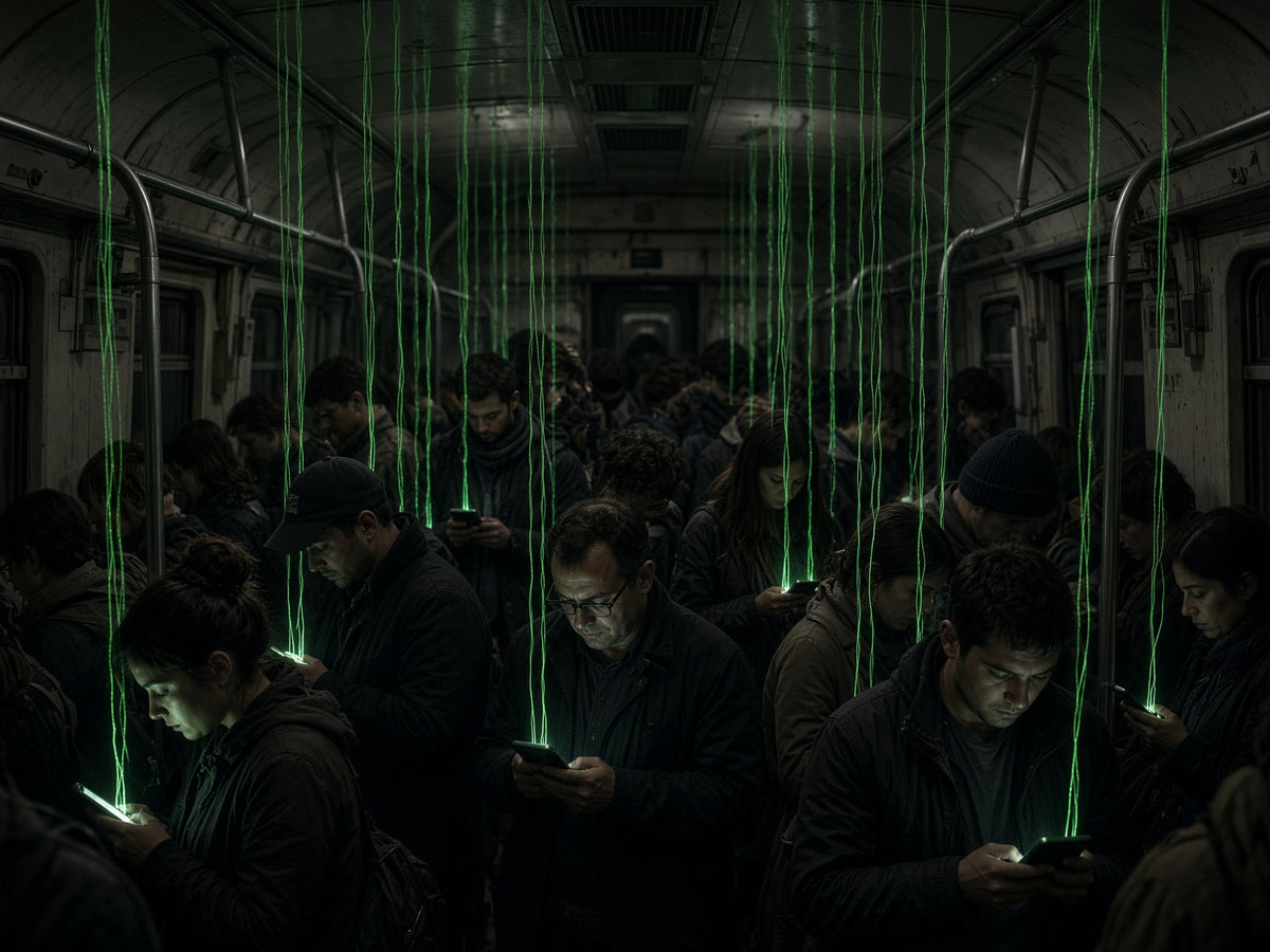Personas en el metro mirando el móvil, unidas por hilos de luz verde