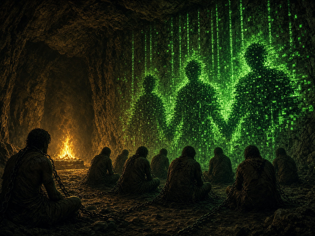 Siluetas en una caverna mirando sombras digitales en la pared