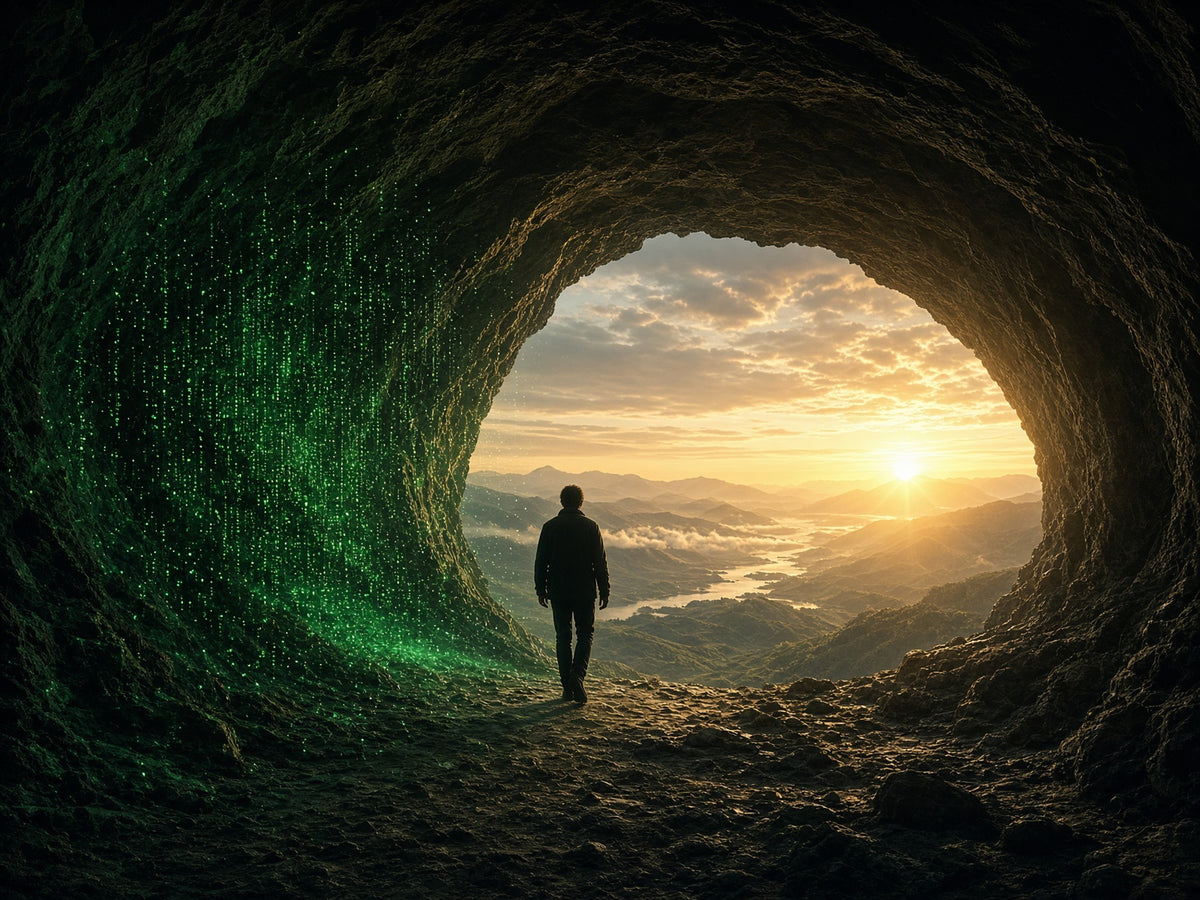 Persona saliendo de una cueva oscura hacia la luz del amanecer